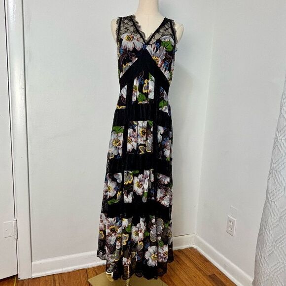 NWT Anthropologie Kasondra Babydoll Maxi Dress 8 Black Floral Asían Print Lace - Picture 1 of 15